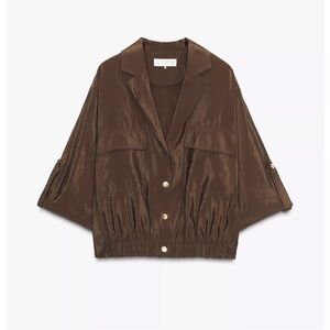 ZARA SHORT SLEEVE SAFARI SHIRT L toffee brown nylon shirt jacket
